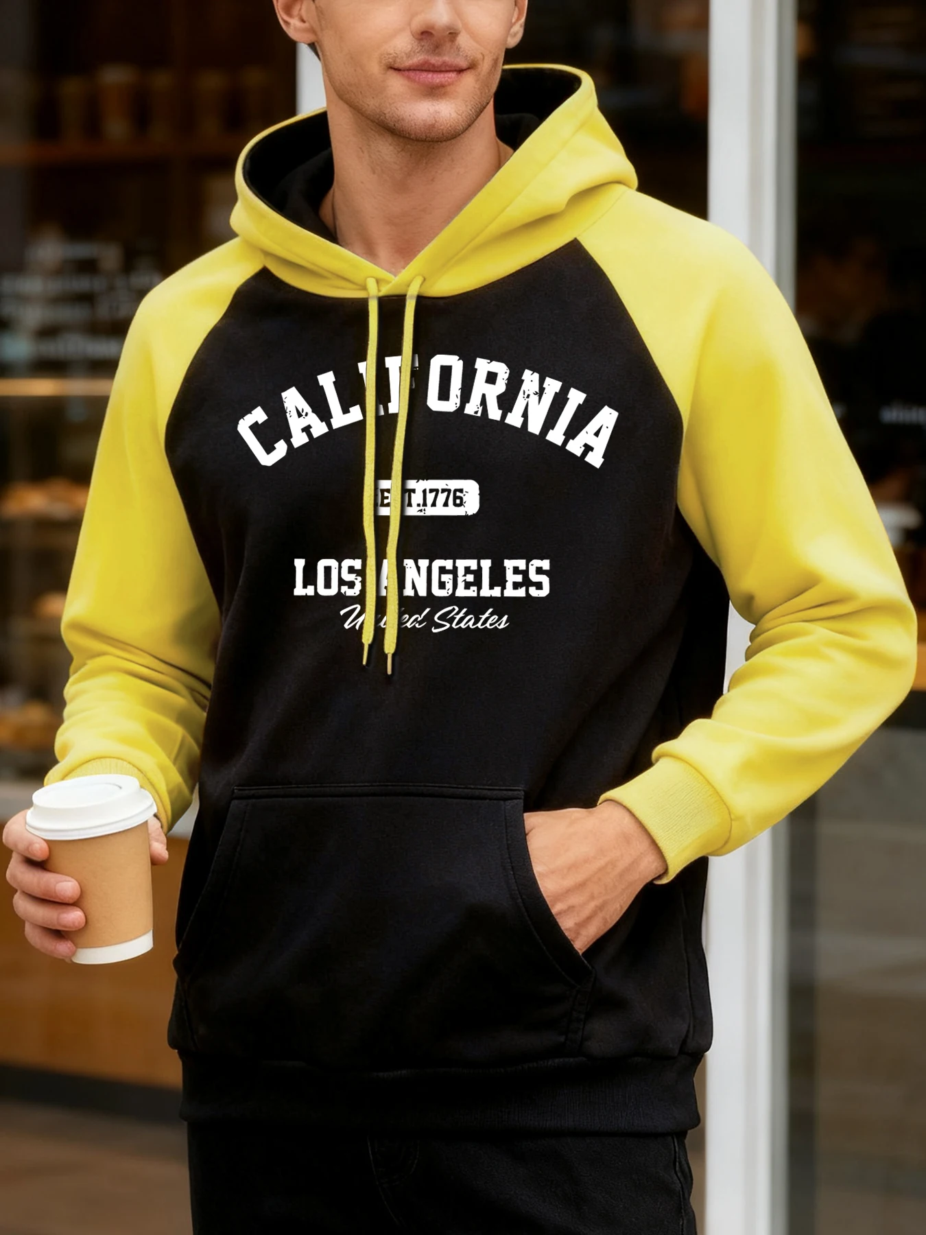 Sudadera con capucha raglán con estampado de Los Ángeles de California para hombre, ropa de calle Vintage de otoño, Sudadera con capucha informal suave, jersey con bolsillo de lana que combina con todo