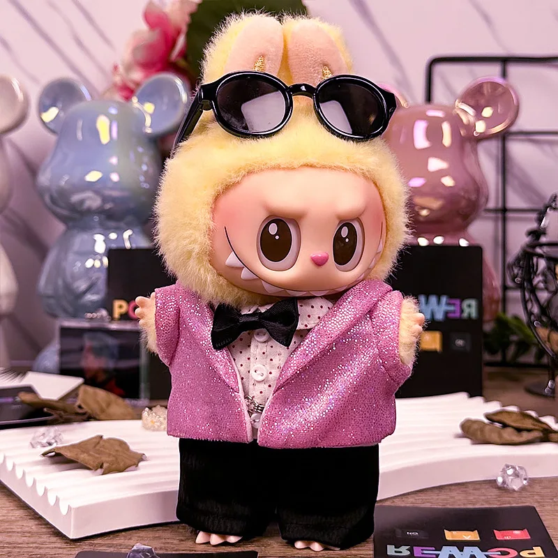 2025 neue Labubu 17 cm eins, zwei, drei Generationen Labubuwa-Kleidung Gd rosa Paillettenanzug Geschenk (keine Puppe)