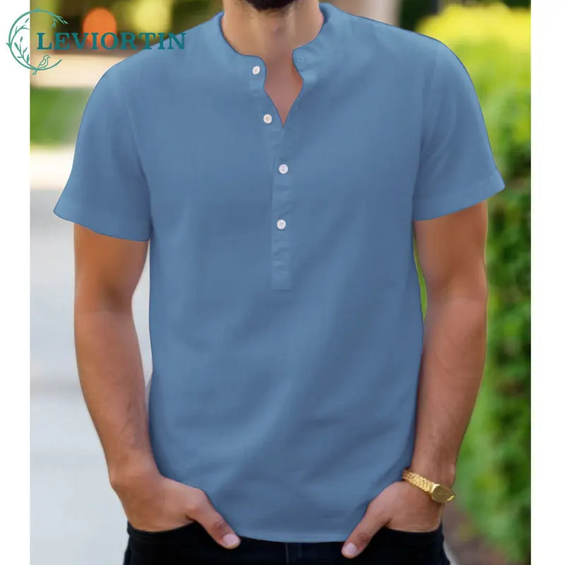 

Лето 2022, американская мужская однотонная рубашка в стиле ретро с воротником-стойкой, легкая полудверная модная универсальная рубашка с короткими рукавами