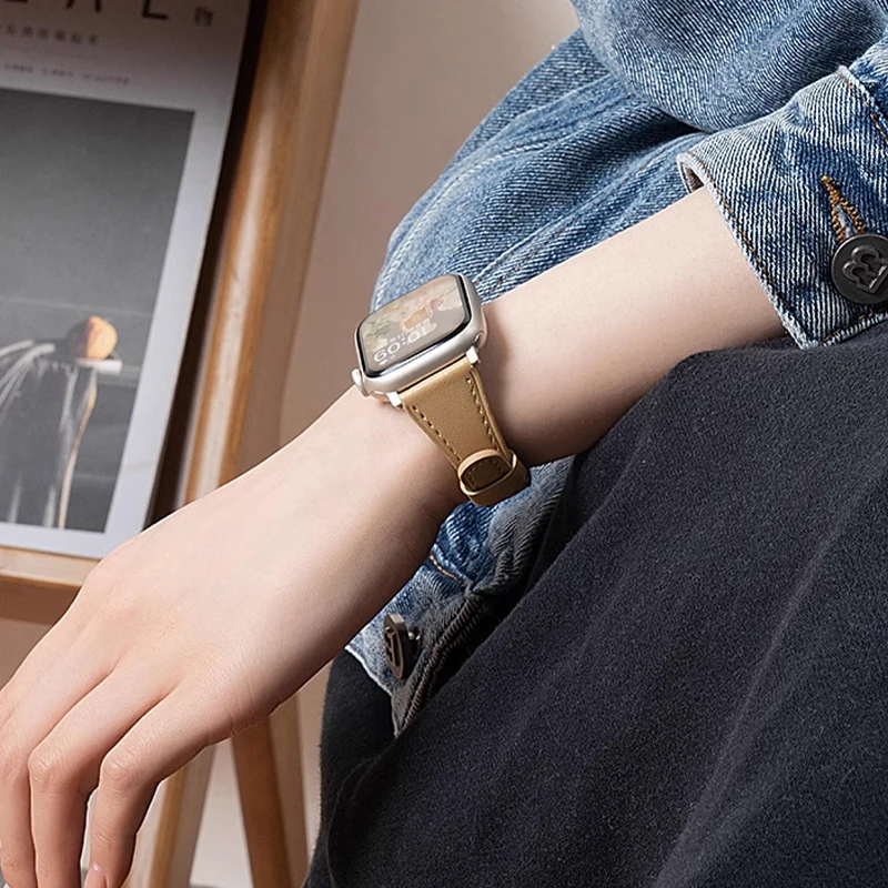 Horseshoe buckle leather watch band for Apple Watch Ultra Series 9 8 7 leather strap for iWatch Mini pin buckle women wristbad
