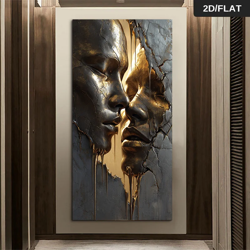 Arte Mural 2D/Plano con Rostros Dorados Extra Grandes sobre Lienzo Agrietado, Impresiones Abstractas sin Marco para Decoración de Sala de Estar y Dormitorio