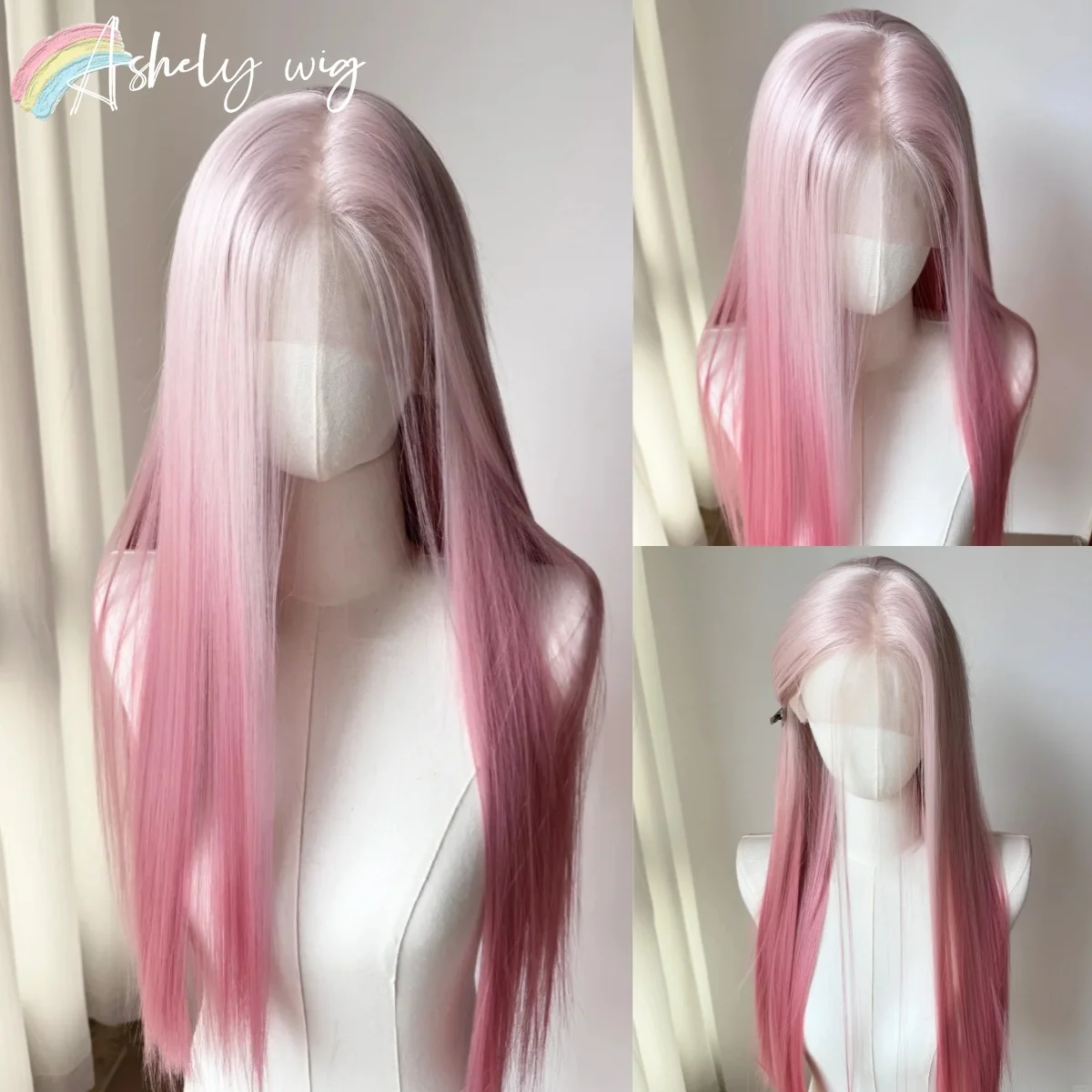 

Ashely Ombre Розовый Парик для Женщин Розовый Парик Фронта Шнурка Роза Длинный 26 дюймов Прямой 13*4 HD Синтетические Парики Шнурка для Косплея Хэллоуин