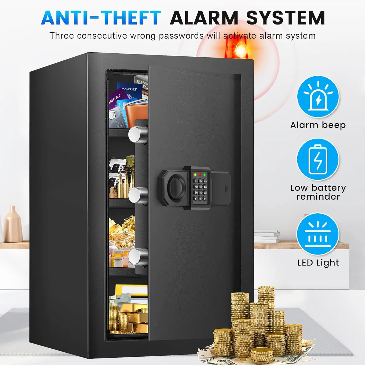5.0 Cuft Fireproof Safe for Home Use, Digital Home Safes with Programmable Keypad, Spare Keys and Alarm System, Security Safes B