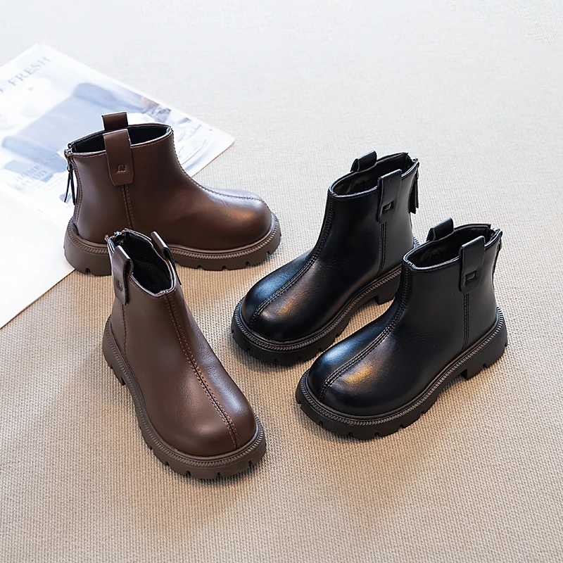 

Весенне-осенние ботильоны для девочек, классические черные, коричневые детские модные повседневные кожаные ботинки, простые детские короткие сапоги на толстой подошве