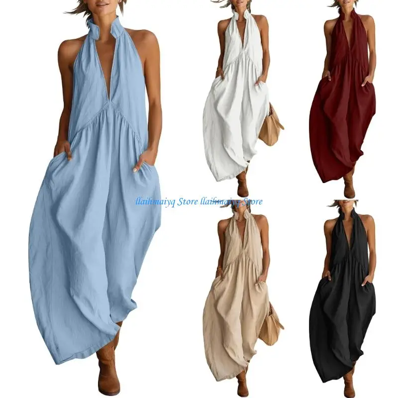 573B Women Dress Cotton Linen Flowy Maxi Sleeveless Casual Dresses Backless Long Trendy Clothes with Pocket