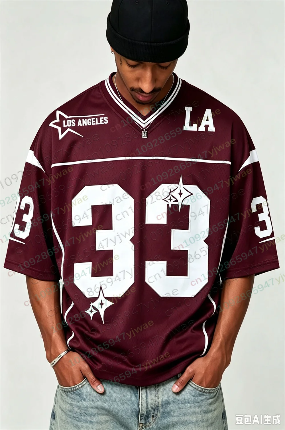 Amerikanisches Los Angeles City Street T-Shirt Nr. 33, bedrucktes Fußballtrikot, atmungsaktives Mesh, kurzärmeliges Oversize-T-Shirt, Sommer-Herren-T-Shirt – Detail 5