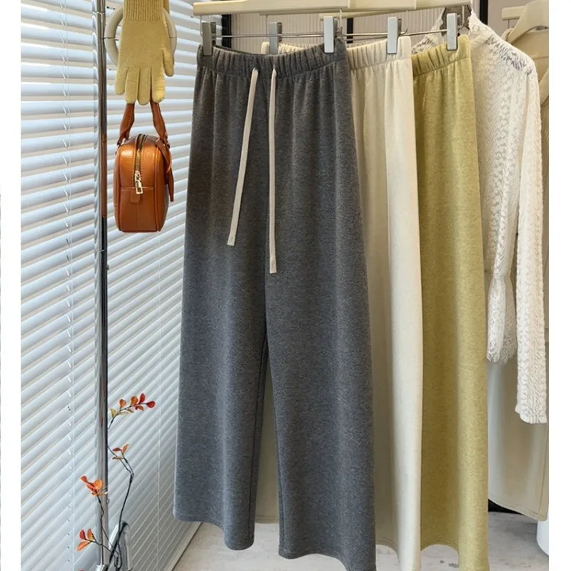 2025 nouveau décontracté solide femmes pantalon goutte sensation élasticité ample jambe droite pantalon automne hiver taille élastique cordon pantalon