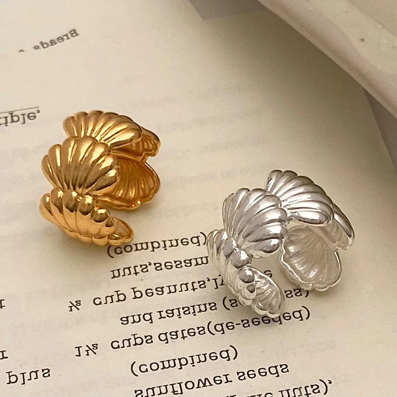 Real 925 Sterling Silver 18K Gold Shell Rings for Women Minimalist Trendy Fine Jewelry Animal Opening Accessories in Summer