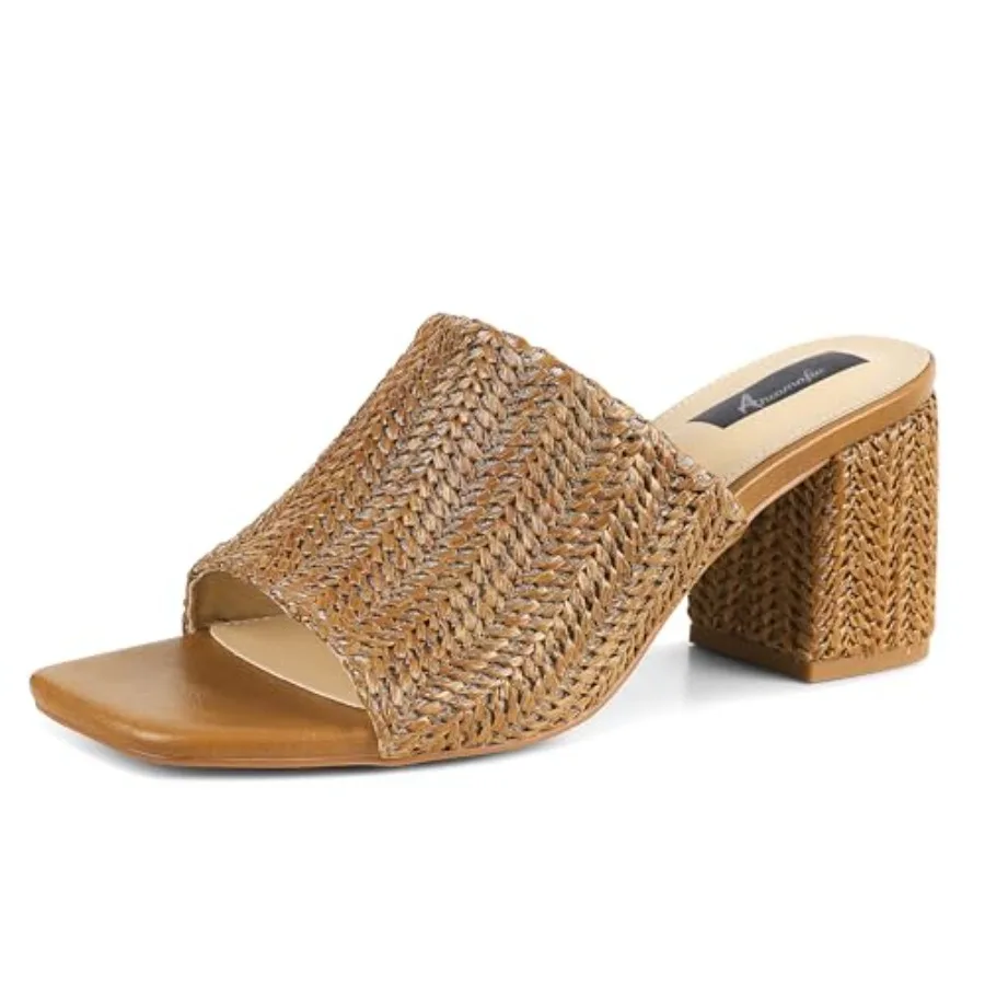 

Ancomafio Heeled Sandals for Women Raffia Sandals 2026 Chunky Heels Square Toe Mules Block Summer Shoes Slip On