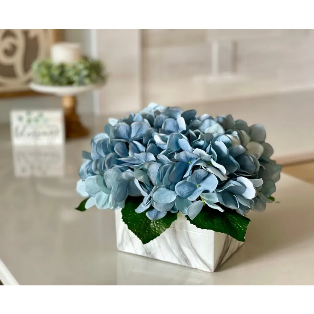 Real touch blue gray hydrangeas floral arrangement, small centerpiece tabletop fuax marble rectangular container