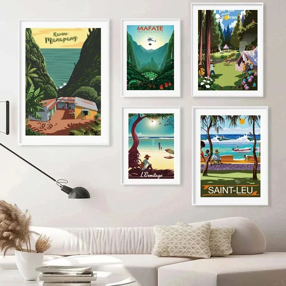 Vintage Travel Posters French Reunion Island Holiday  Canvas Paintings HD Printing Wall Art Picture Living Room Home Decoration