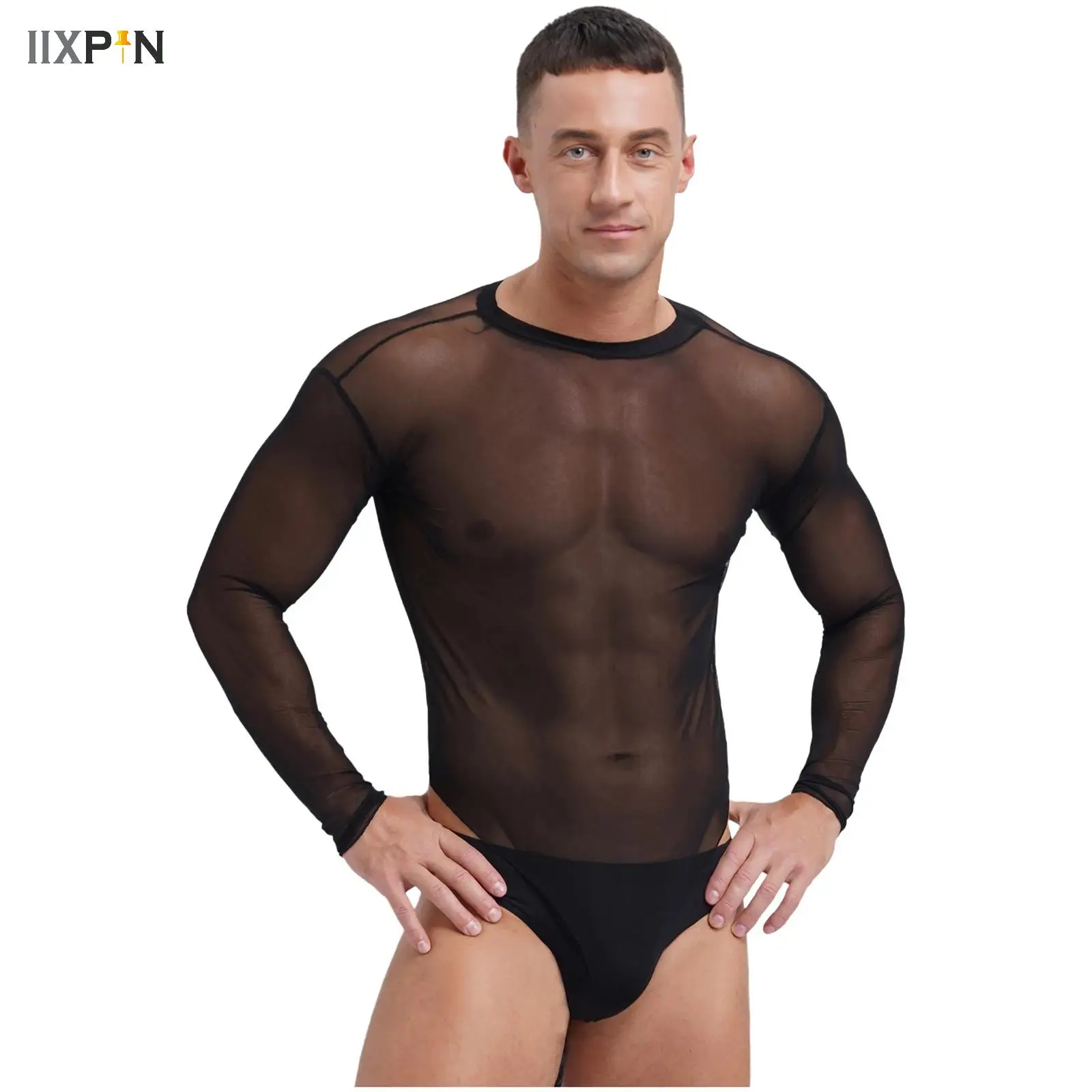 Men Bodysuits See Through Sexy High Cut Lace-up Crotch Romper Long Sleeve Gay Male T Shirts Fitness Transparent Fashion Jumpsuit
