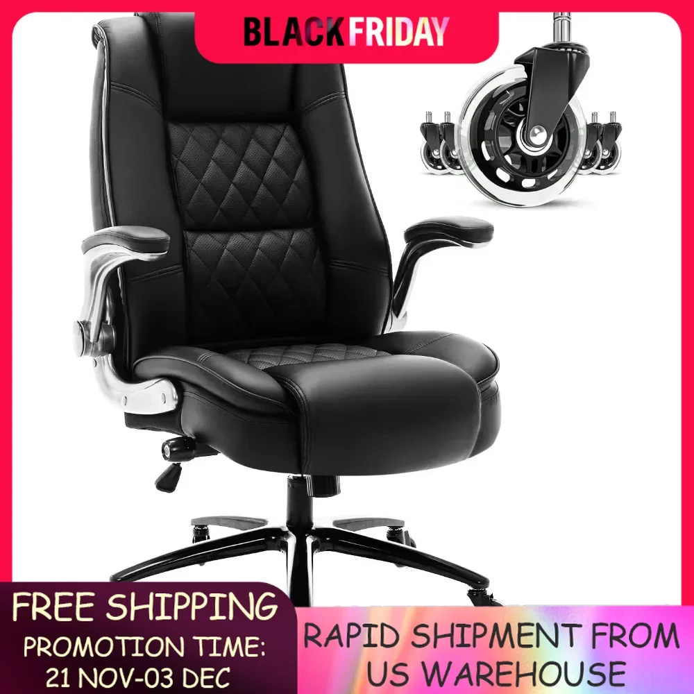 

High Back Office Chair- Flip Arms Adjustable Built-in Lumbar Support,Computer Chair, Thick Padded Strong Metal Base Quiet Wheels