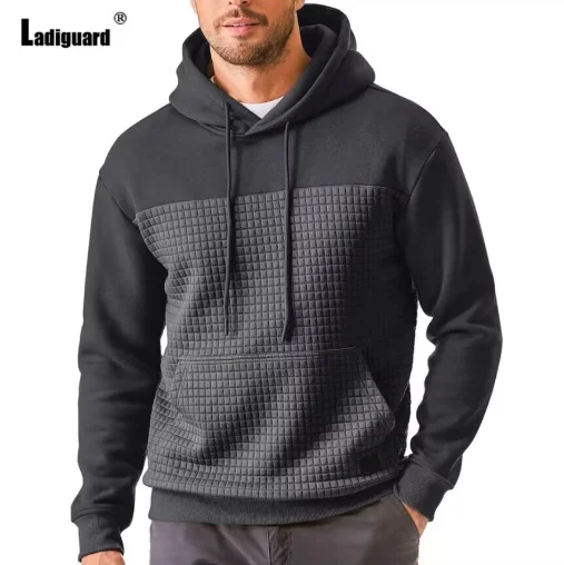 

New Men's Hooded Sweatshirts Winter Keep Warm Solid Color Grid Hoodie Men Long Sleeve wool Pullover Casual Outdoors Streetwear