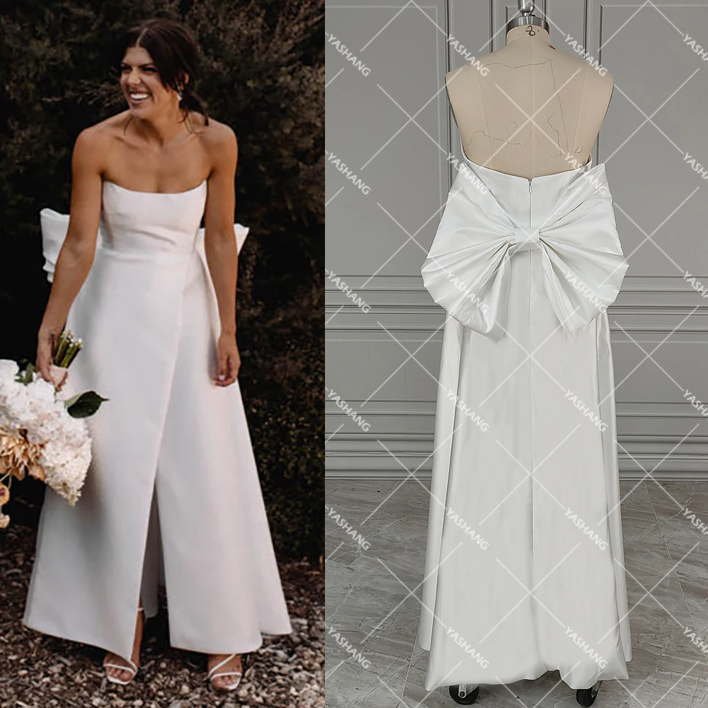 Ankle Length Strapless Satin Simple Wedding Dress Plus Size Customized Oversized Removable Bow High Split Chic Bridal Gowns
