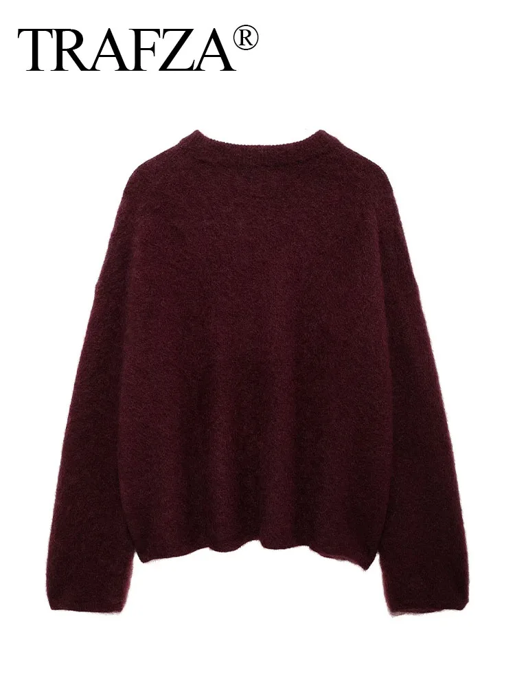 TRAFZA 2024 Autumn Woman Chic Loose Casual Resilience Sweater Top Women Claret O-Neck Long Sleeves Knitted Pullover Mujer