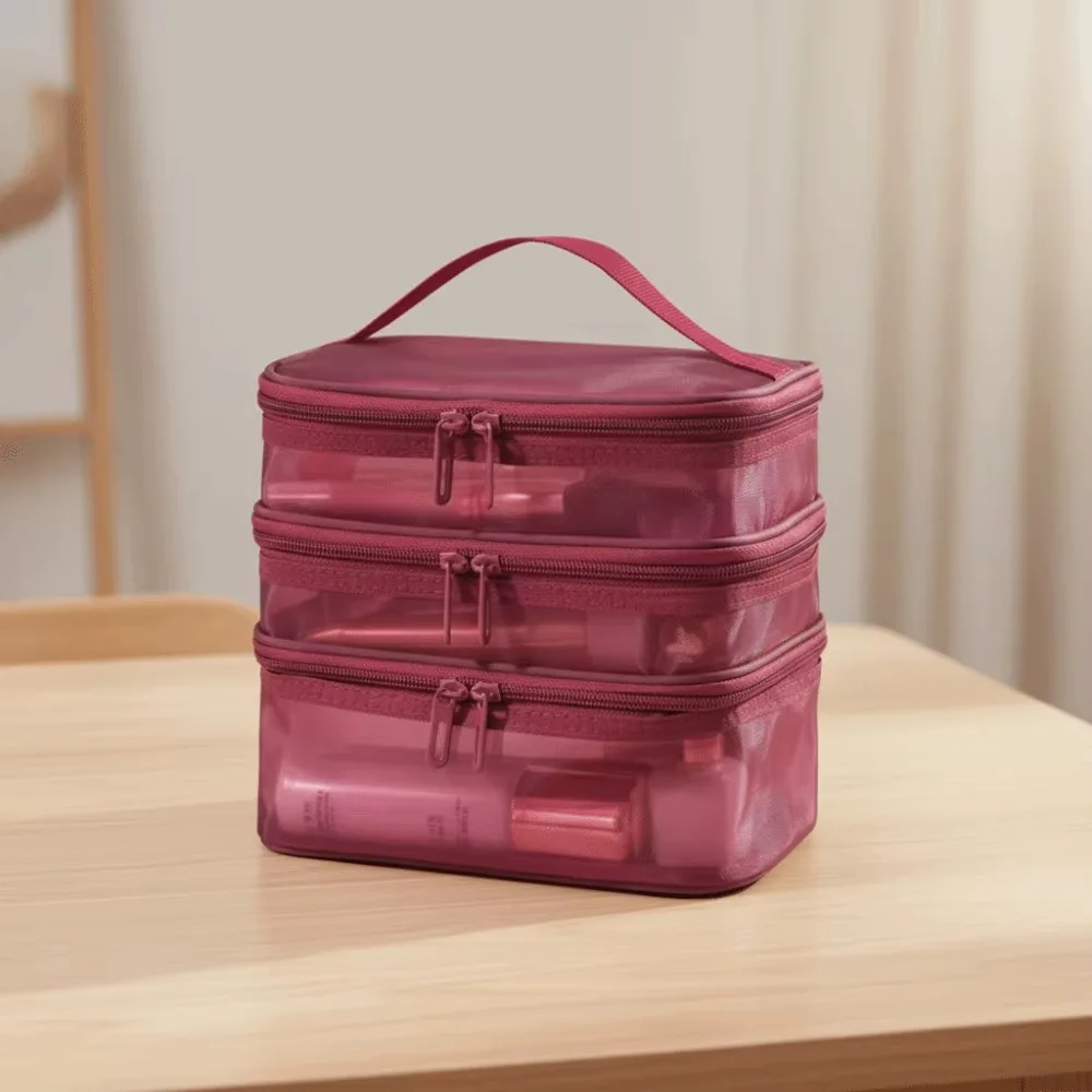 Three layers Mesh Makeup Bag, Wash Bag, Women's Portable New Large Capacity Storage Bag, Cosmetics Storage Bag