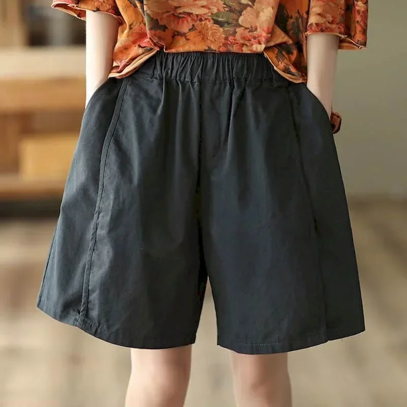 

Pop Cotton Linen Shorts Women Summer Large Size Elastic Waist Casual Trousers Women Vintage Loose Korean Style Solid Wide Leg Pa
