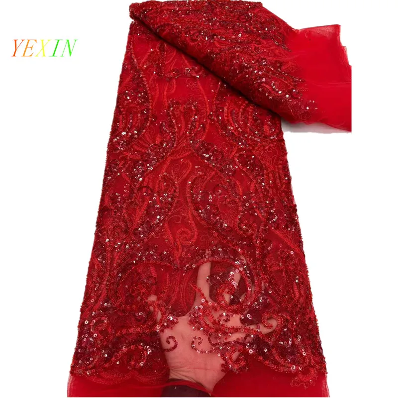 

Элитная нигерийская сетчатая ткань с пайетками, африканское кружево ручной работы, элегантные бисерные кружева для вечерних платьев, новинка 2026 RF45KM1