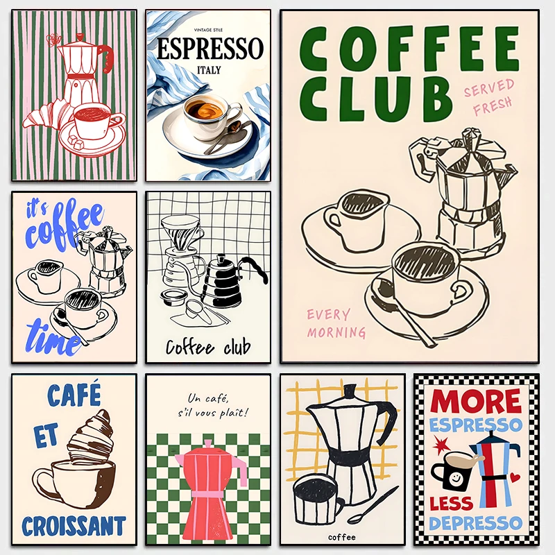 Affiche de Club de café de Style bohémien, impression de café et de Croissants, peinture sur toile alimentaire, tableau d'art mural pour décoration de cuisine et de maison