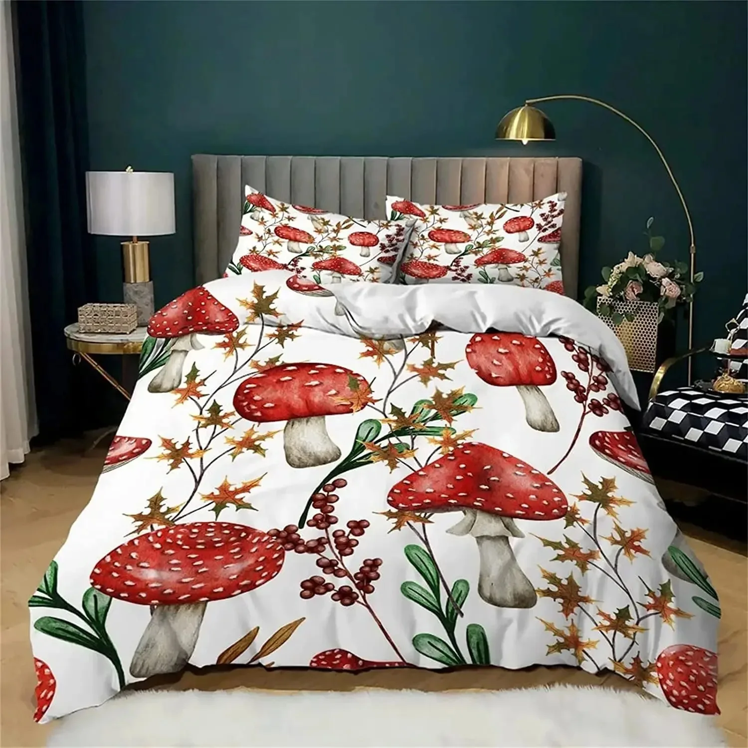 Wild Mushroom Duvet Cover Set Burgundy Plant Bedding Set for Kids Comforter Cover Soft Polyester King Queen Size with Pillowcase