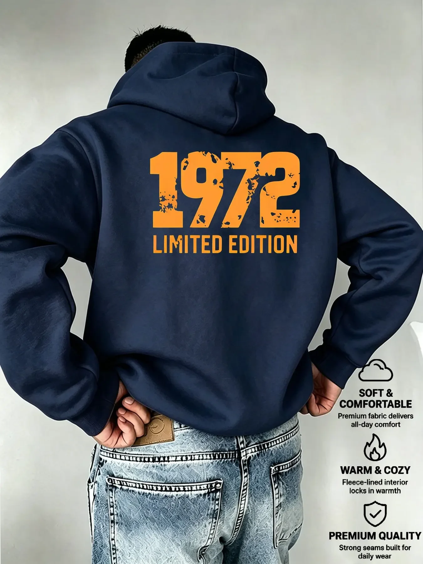 Men’s 1972 Limited Edition Vintage Distressed Graphic Hoodie Retro Streetwear Loose Fit Casual Autumn Winter Fleece Pullover