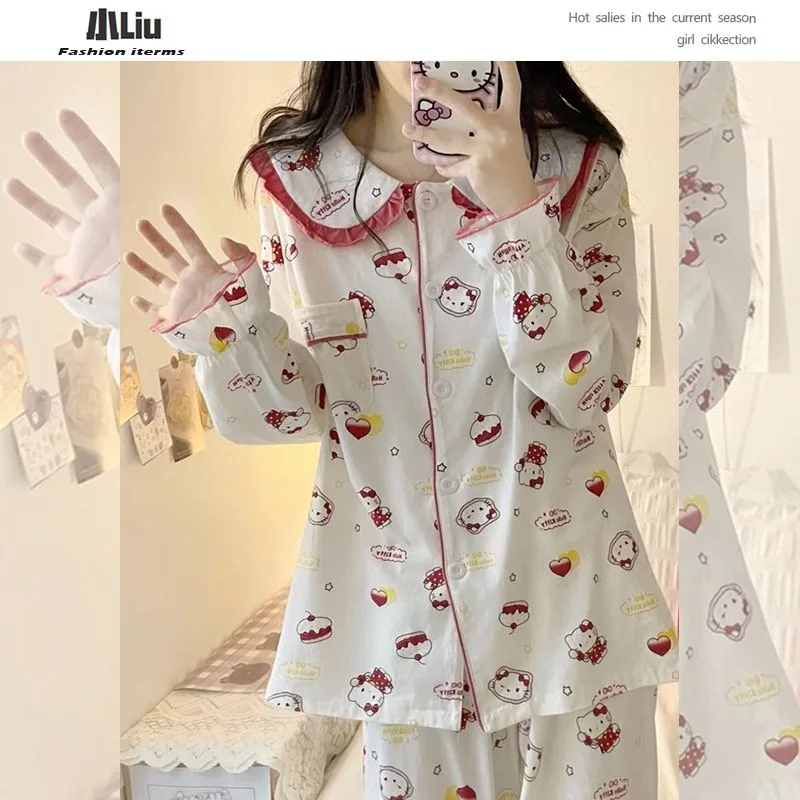 Hello Kitty Spring and Autumn Outerwear Cute Kawaii Girl Pajamas Long Sleeves Long Pants Doll Collar Fashion Homewear Set