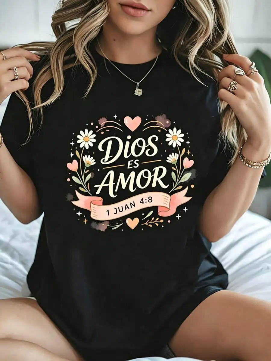 2026 Fashion New Women Summer Crew Neck Short Sleeve T Shirt Floral Graphic Dios Es Amor Bible Verse Print Faith Based Religious Gift For Christian Ladies Daily Casual Basic Top Tee