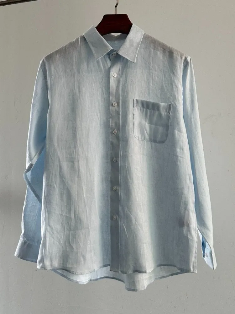 Business Men Summer Versatile Casual Linen Shirts Single Breasted Long Sleeve Turn Down Collar Top Thin Fashion New Male Shirt