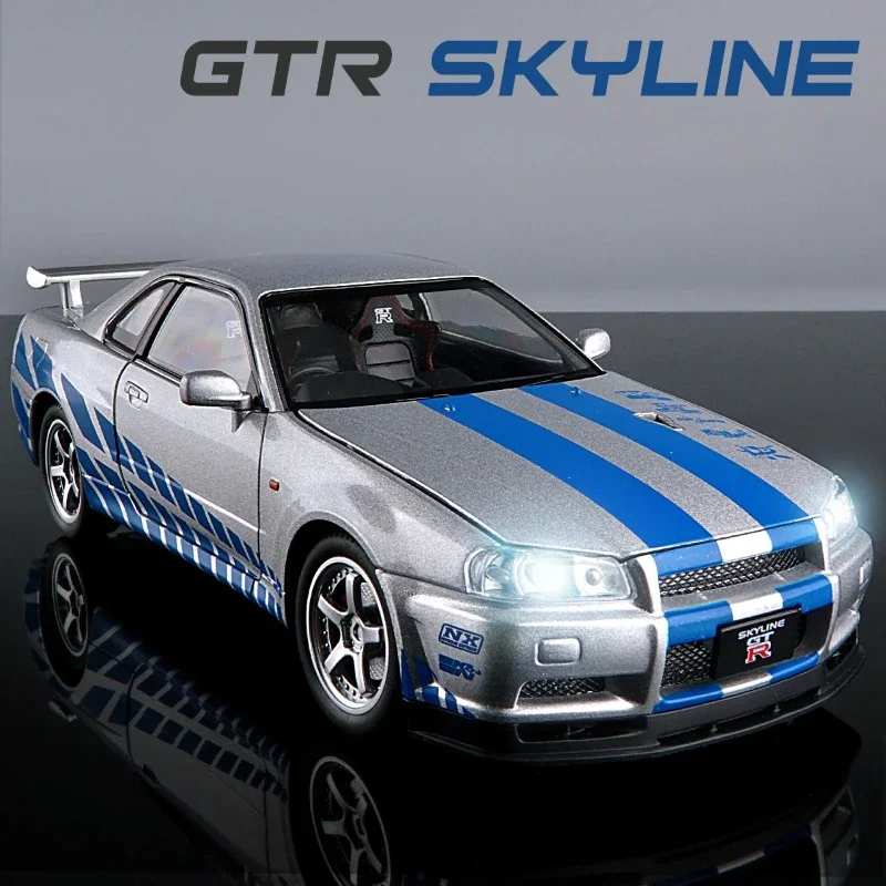1:24 Nissan GTR R34 Skylin Fast & Furious Alloy Car Model Sound and Light Pull Back Children's Toy Collectibles Birthday gift