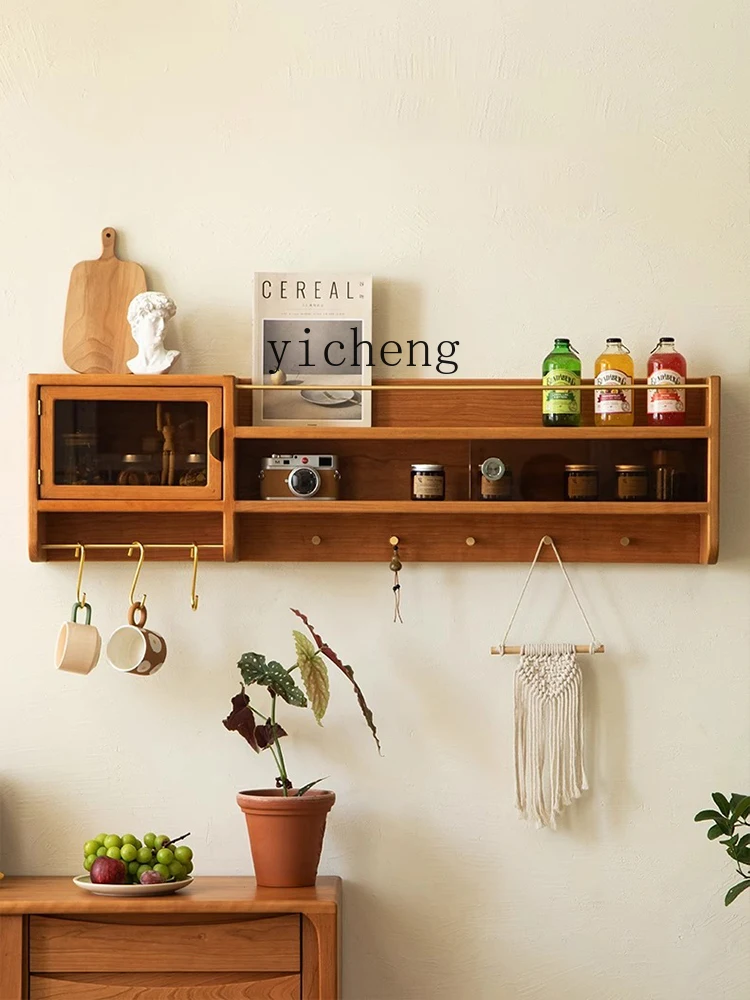 TQH solid wood hanging cabinet retro wall-mounted storage cabinet cherry wood cream wind small apartment kitchen wall