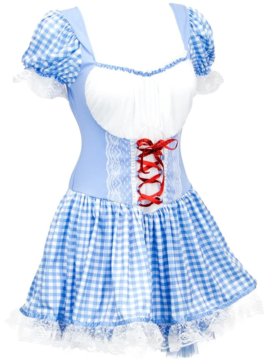 Vrouwen Lolita Y 2K Jurk Kostuum Blauwe Gingham Jurk Pak Sprookjesachtige Jurk Volwassen Halloween Cosplay Kostuum