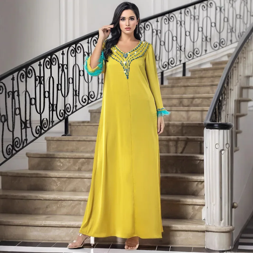 Ramadán diamantes Abaya Dubai vestido musulmán de plumas de lujo mujeres ropa Islam Eid Robe Femme Musulmane Abayas Damen Kaftan vestido
