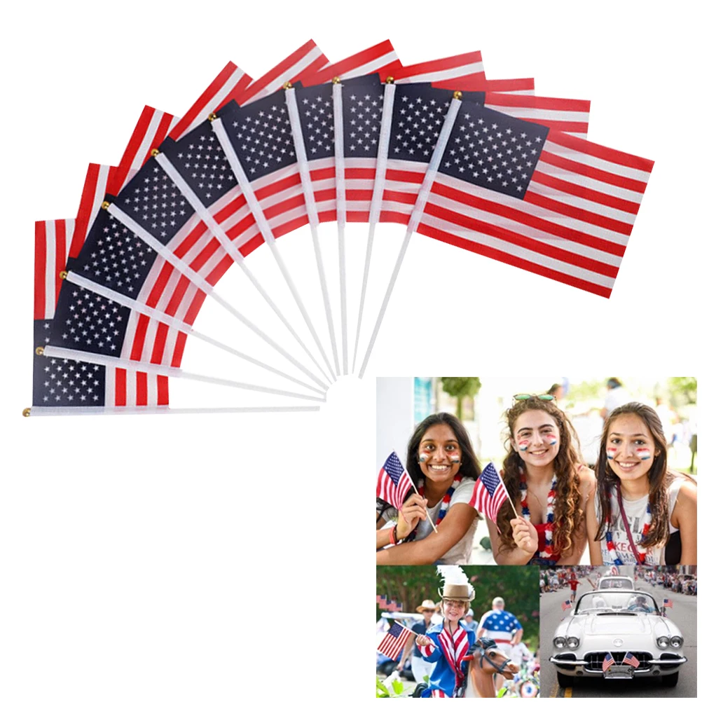 

100 Pcs Hand-cranked Flag Souvenir Handheld Flags Mini Stick Small US Sewn Edge