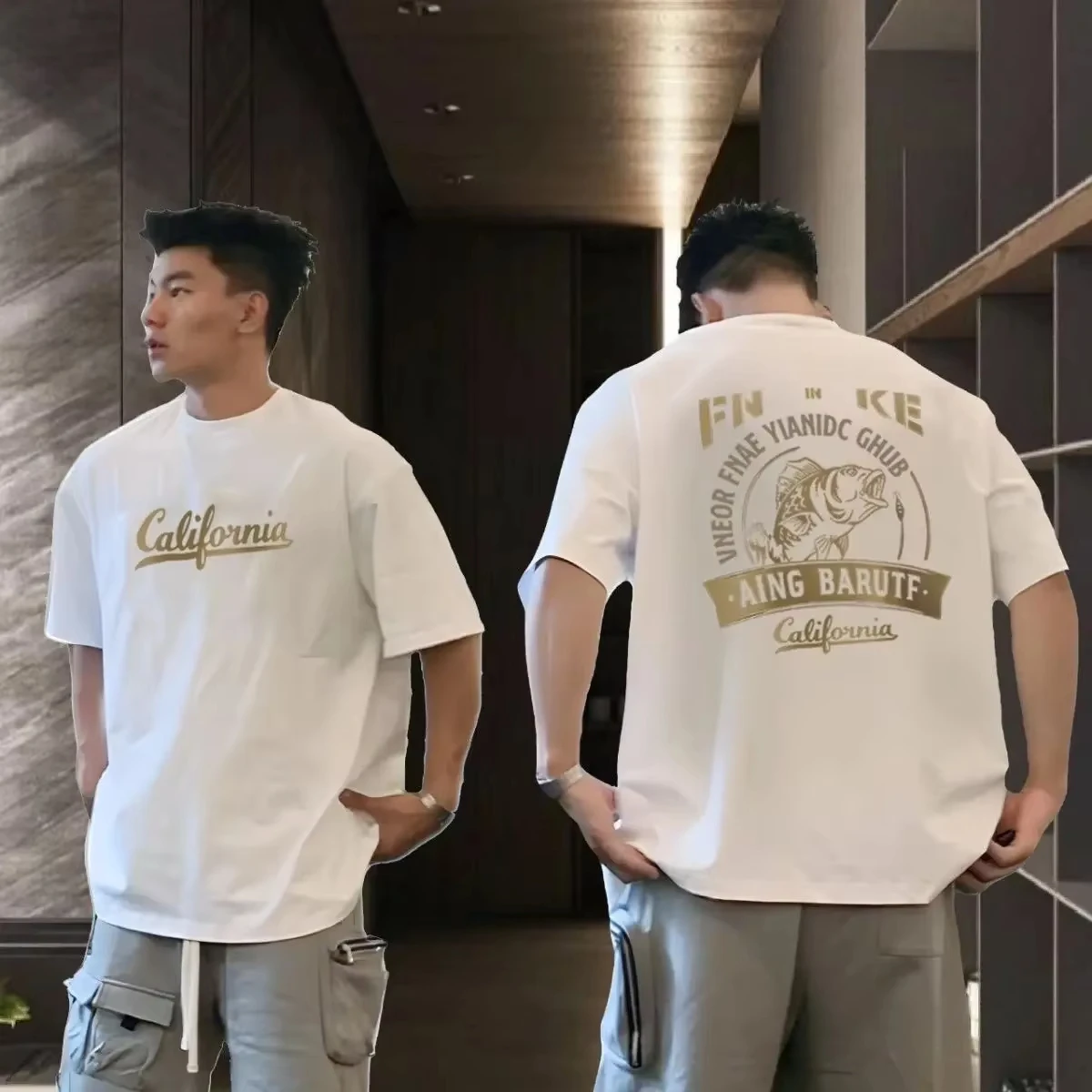 2025 nueva camiseta Retro de algodón puro americano de manga corta estampada High Street marca de moda suelta pesada y atractiva