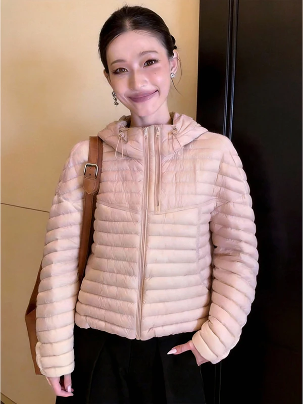 

Lightweight Padded Hooded Jacket Women's Korean Style Loose Fit Warm Cotton Coat Spring 2026 Commute Thick Long Sleeve Zipper