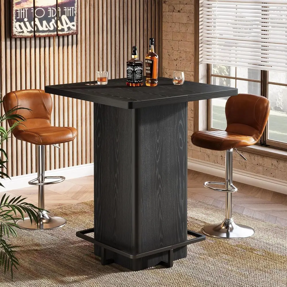 

Elegant 39.37 Black Wooden Square Bistro Table with Metal Frame and Footrest for Dining, Coffee, and Living Room in Small Spaces