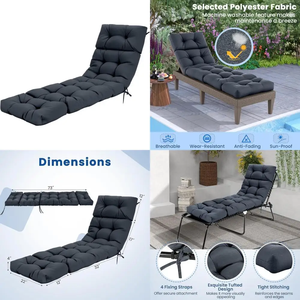 

Outdoor High Back Recliner Cushion, 73 x 22 Patio Lounge Cushion with 4 Ties, 4 Thick Padded for Comfortable Relaxation