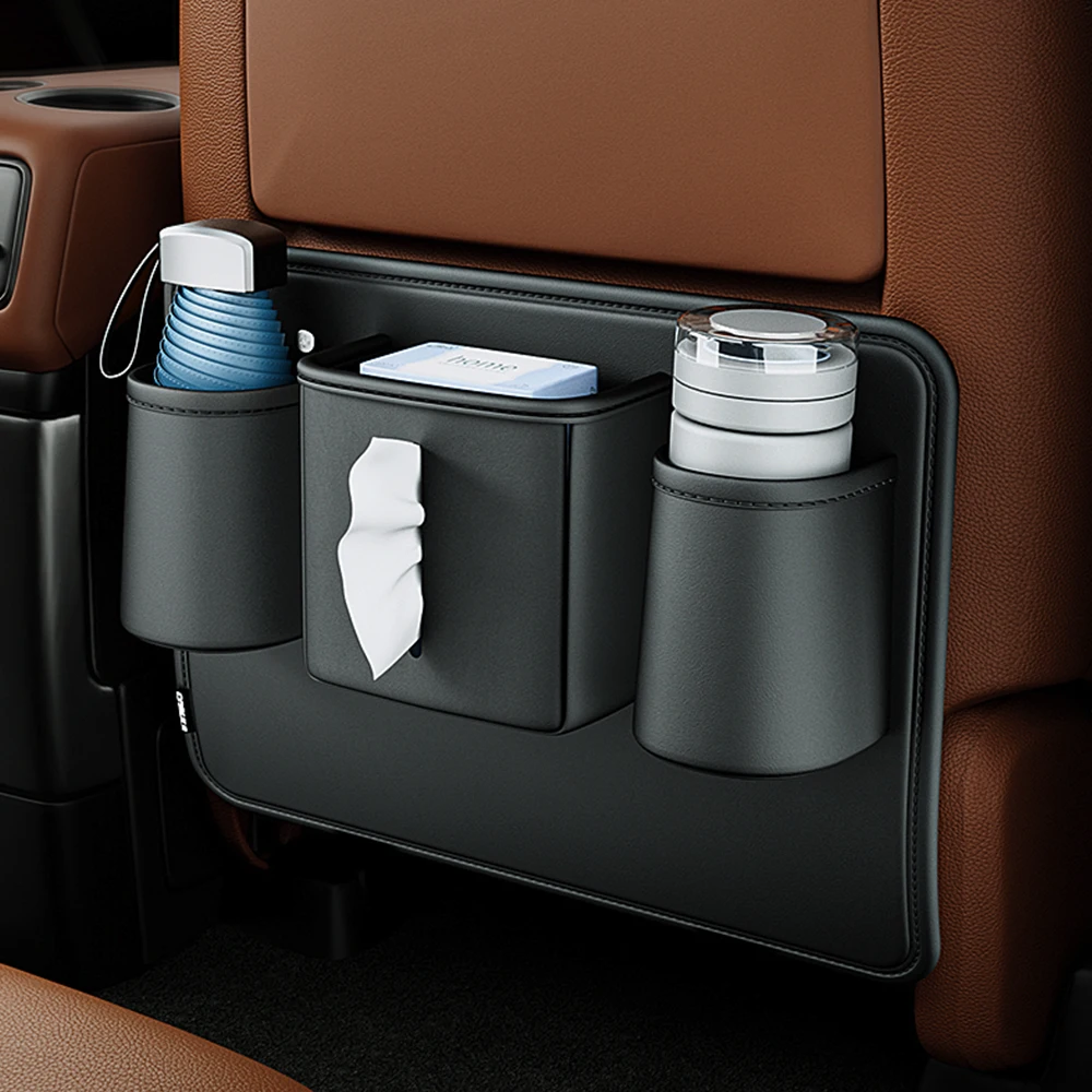 Car Seat Back Anti Kick Pad Auto Backseat Protector Short PU Leather With Cup Holder Tissue Bag Trash Can Bin Garbage