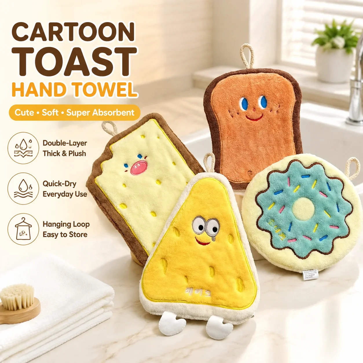 Cartoon Toast Hand Towel, Hanging Kitchen Baking Series, Double-Layer Thickened Coral Fleece Absorbent Quick-Dry Bathroom