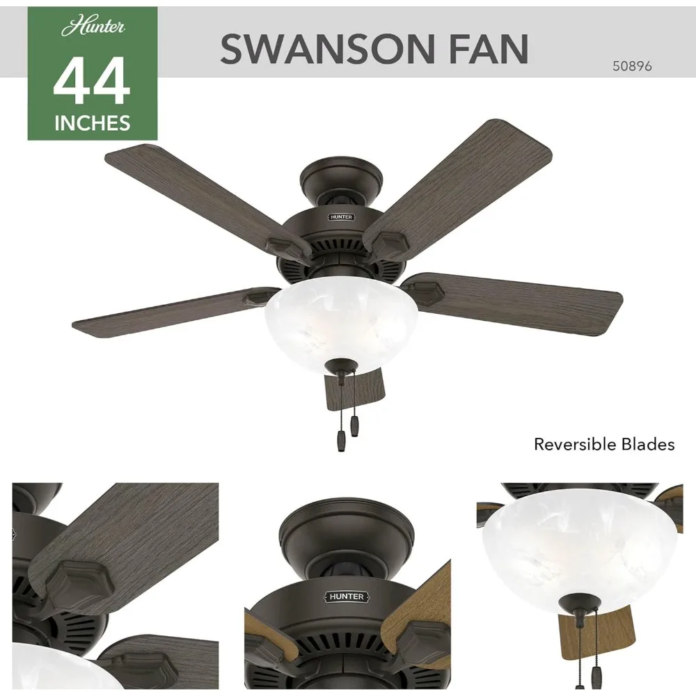 44 inch White Ceiling Fan with LED Light Kit and Pull Chain, CLASSIC CEILING FAN, MULTI-SPEED REVERSIBLE FAN MOTOR