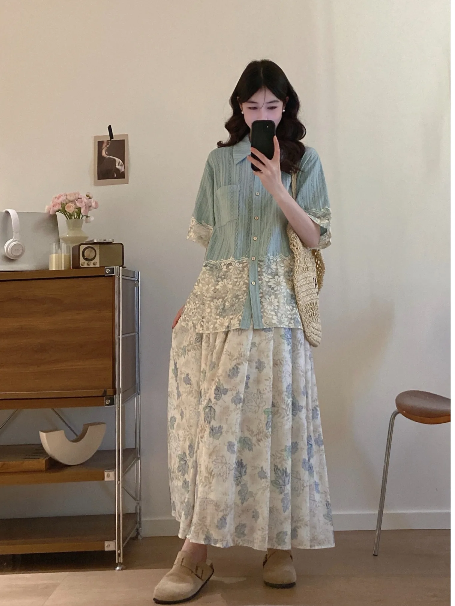 

plus Size Women's Shirt Short Sleeve Lace High Waist Loose Half Skirt Fashionable Summer New Style Floral Patchwork Gentle Wind