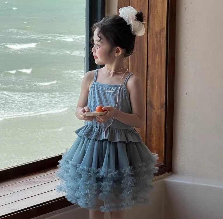 Girls Summer Outfit New Girls Baby Niche Temperament Suspender Bow Blue Top Puffy Skirt Two Piece Set Trendy