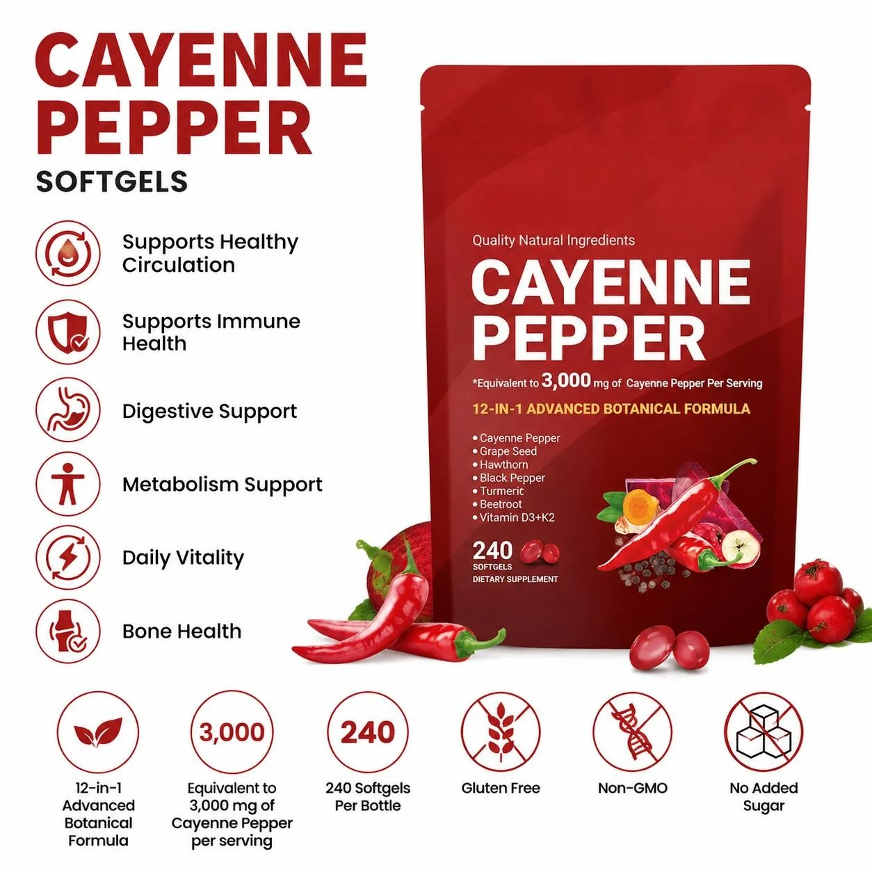 Cayenne Pepper Softgels, Circulation, Digestive, Immune and Metabolism Support for Active Daily Routine Use, 240 Softgels