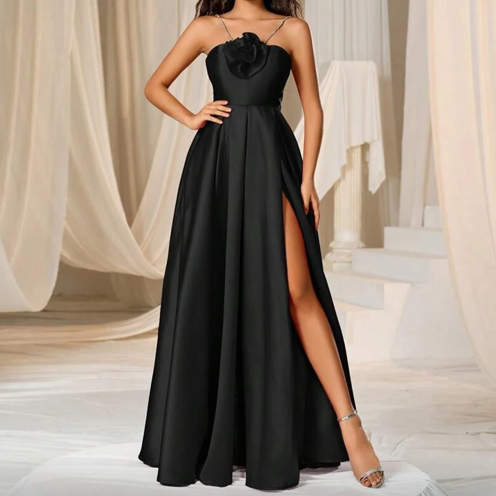 

Customized A-line Evening Dresses Floor-length Spaghetti Strap Sleeveless Prom Gown Fashion Flowers Side-split Draped Party Gown