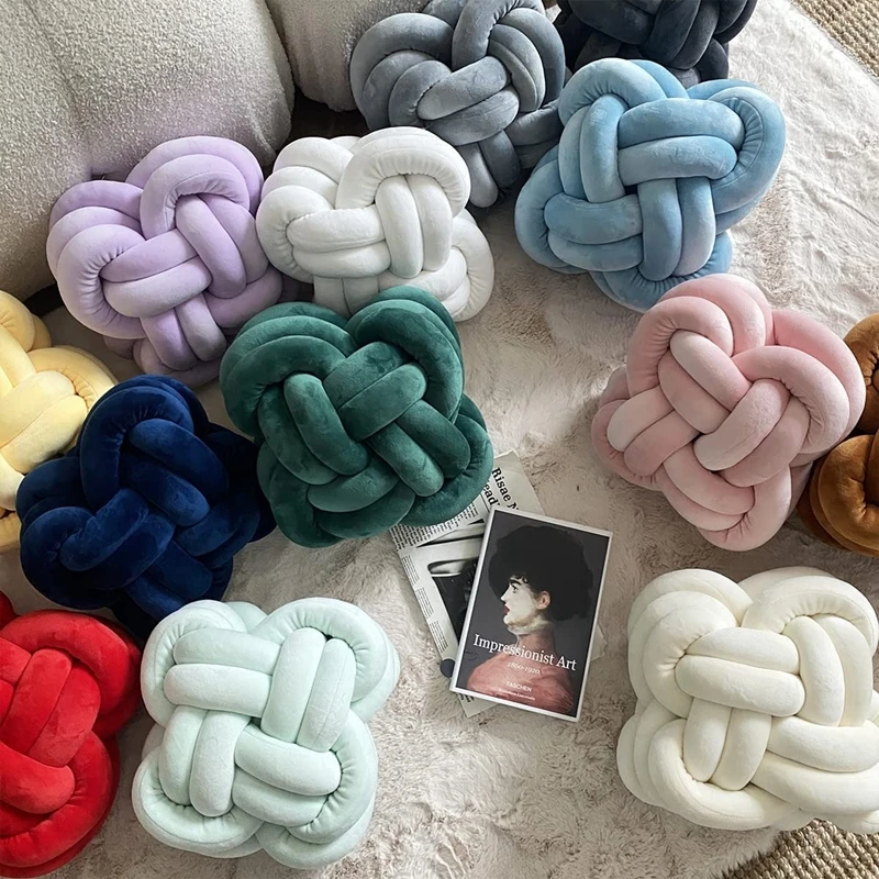 Knot Pillow Ball Decorative Throw Pillows with Velvet Fabric for Couch Bed Decor Knotted Square Floor Pillow Cushions for Home