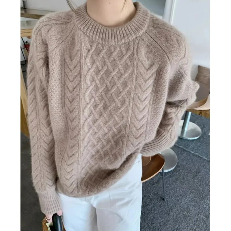 

Крученый вязаный свитер из 100% шерсти с круглым вырезом, женский свободный толстый свитер