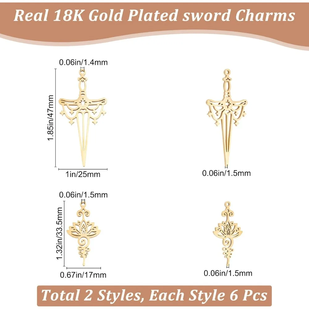 10Pcs/Box 18K Gold Sword Charms Cubic Zirconia Dagger Shape Charm Dangle Pendants Craft Supplies for DIY Bracelet Jewelry