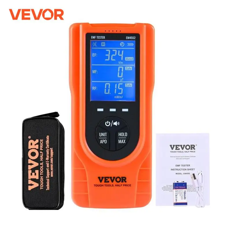 VEVOR 3-in-1 EMF Meter 5Hz - 3.5GHz Handheld Rechargeable Electromagnetic Field Radiation Detector Digital LCD Tester, Discount