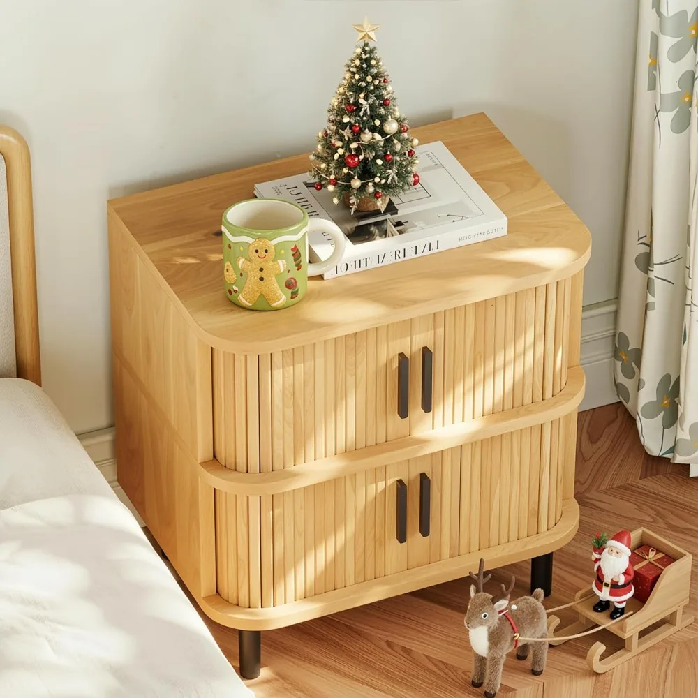

Fluted Nightstand with Sliding Tambour Door, 20 Modern Night Stand Table with 2 Drawers, Light Wood Bedside Table with Metal Leg